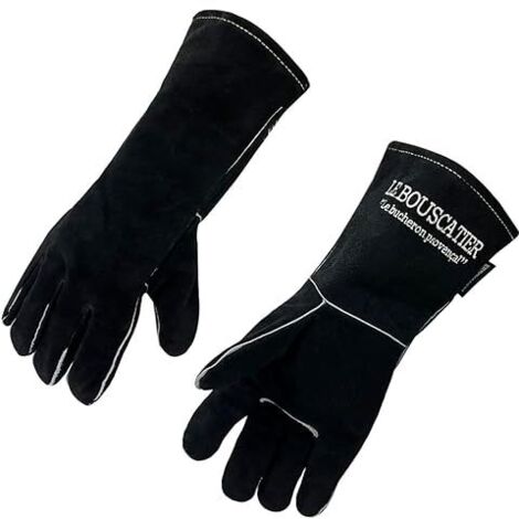 Paire de Gants camel de sécurité anti chaleur en cuir avec doublage intérieur pour poêle à bois, cheminée, barbecue, brasero et soudage. Résistant au feu, la soudure, le four, la cuisine NOIR