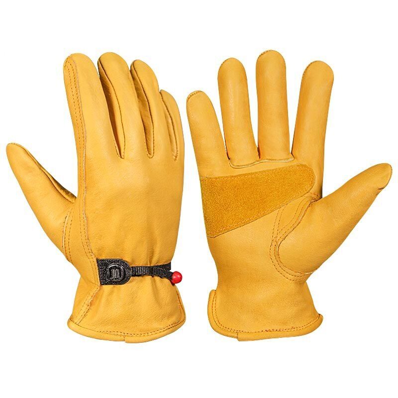 Debuns - Paire de gants de travail en cuir- Pour hommes - Avec serrage de poignet à balle et ruban adhésif - En fibre de peau de vache, jaune l
