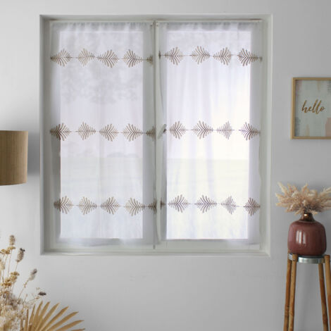 Paire de petits vitrages brodés feuillage Beige 60x90 cm