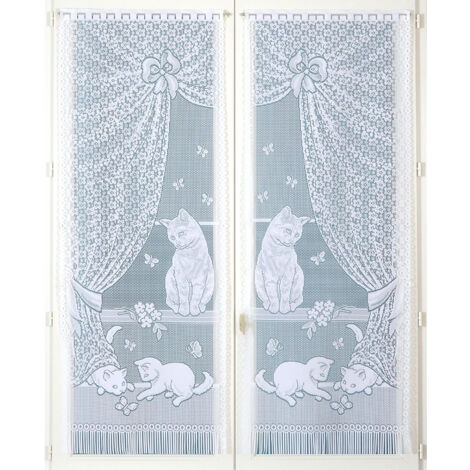 Paire de petits voilages dentelle chatons et franges Blanc 60x160 cm