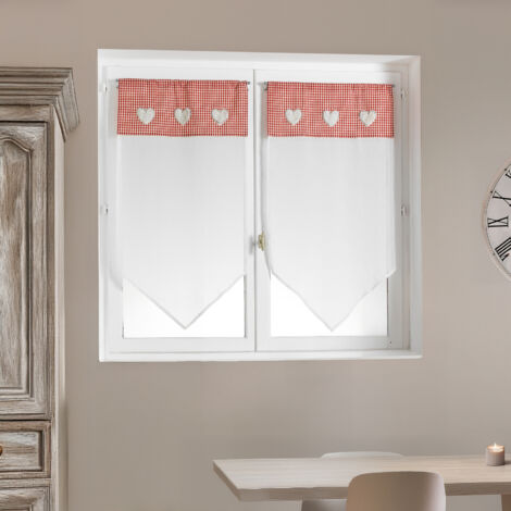 Paire de petits voilages en étamine avec parement vichy Blanc 60x120 cm