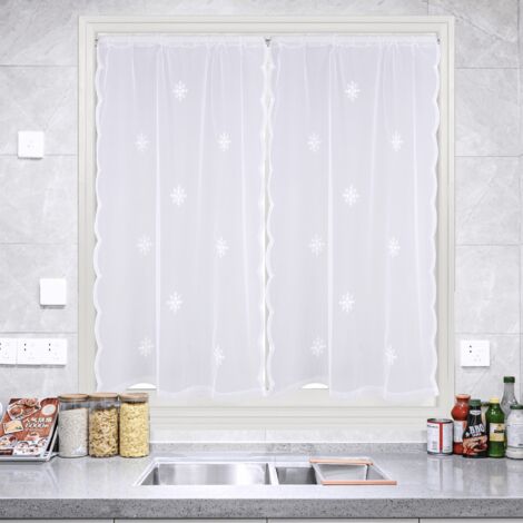 Paire de petits voilages motif flocons blanc 90x120 cm – Polyester à passants – Décoration hivernale élégante pour intérieur