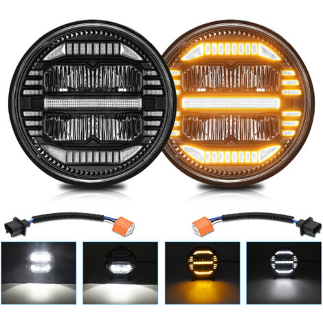 Paire de phares LED étanches de 18 cm (7 pouces) pour voiture, avec feux de croisement/route blancs, feux de jour et clignotants orange. Compatibles avec Jeep Wrangler JK TJ LJ, Chevy Ford, Mazda Miat