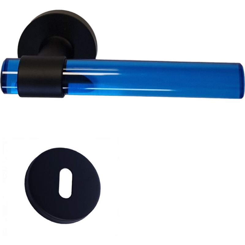 Klose Besser - Poignées de Porte' joy' bleues Plexiglass Cristallines à Pieds Inox Noirs. +1 Paire de rosaces à trou de clé