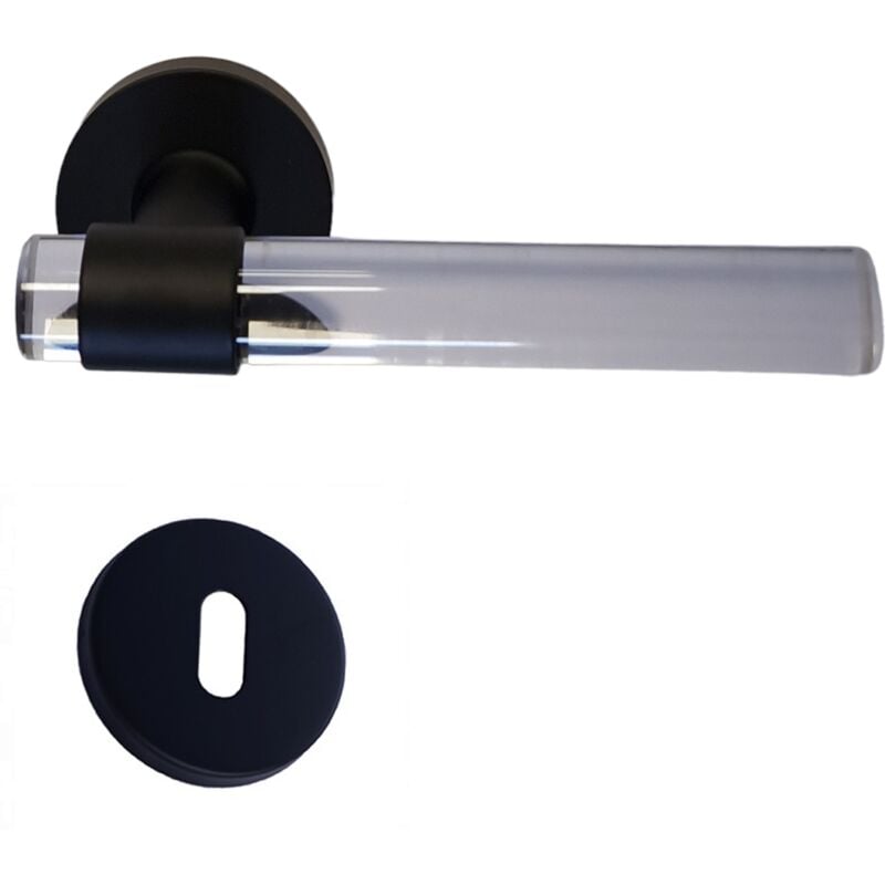 Klose Besser - Poignées de porte 'joy' incolore Plexiglass Cristalline Pied Inox Noir +1 Paire de rosaces à trou de clé