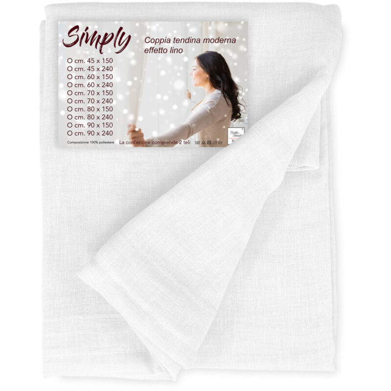 Paire de rideaux en verre modernes SIMPLY White - tissu bouclé polyester semi-transparent, ourlet tunnel LA PAIRE (2 RIDEAUX) CM. 60X150