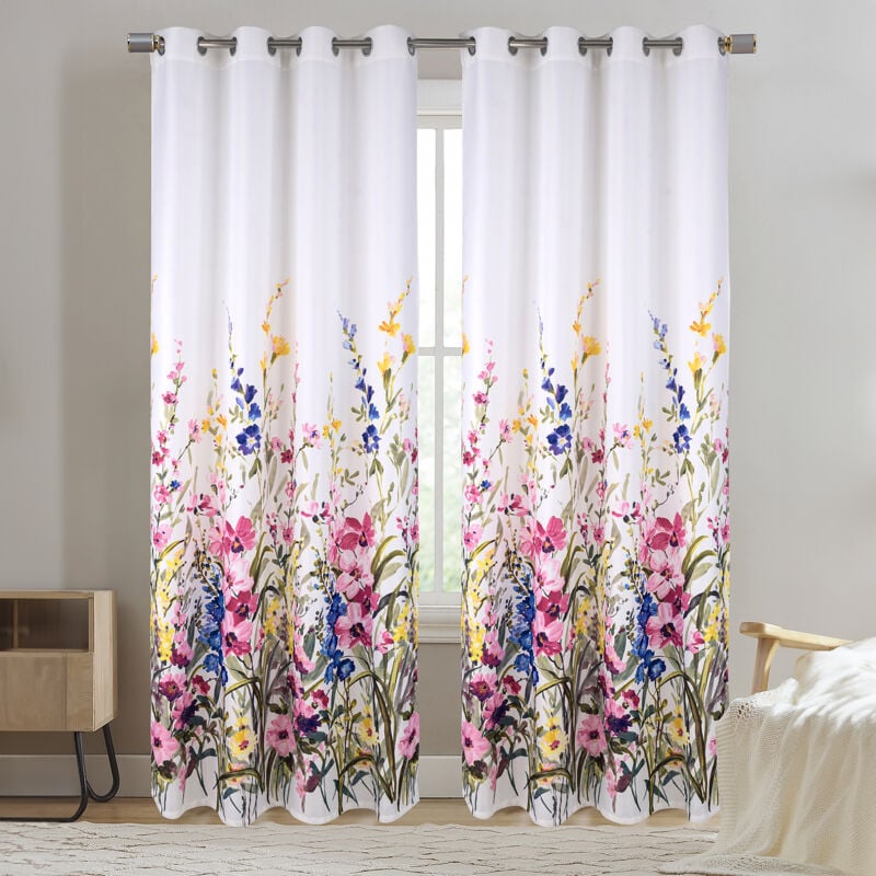 Paire de Rideaux à oeillets occultants avec motif floral Blanc 140x260 cm