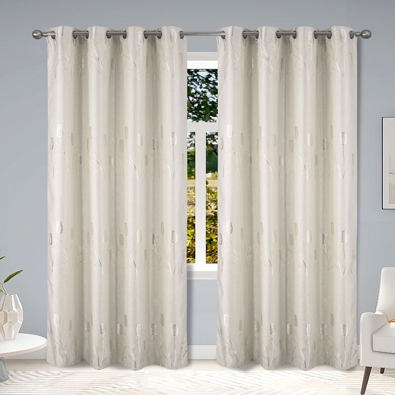 Paire de rideaux occultants tissés brillants avec motif fleur Beige 140x260 cm