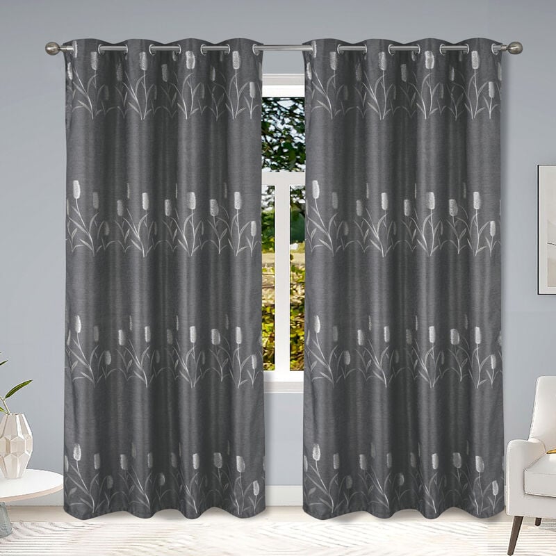 Paire de rideaux occultants tissés brillants avec motif fleur Gris 140x260 cm