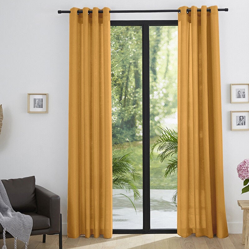 Univers Decor - Paire de rideaux tamisant à œillets Effet Lin 'Moonlight' Miel