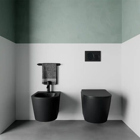 Paire de sanitaires suspendus en céramique sans rebord, noir mat, avec WC, bidet et couvercles Soft-close Mod. Vienna