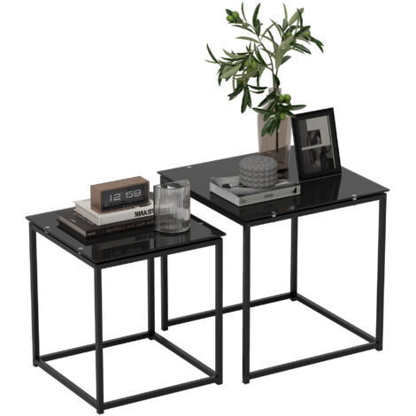 Paire de tables d'appoint empilables, design moderne en verre noir