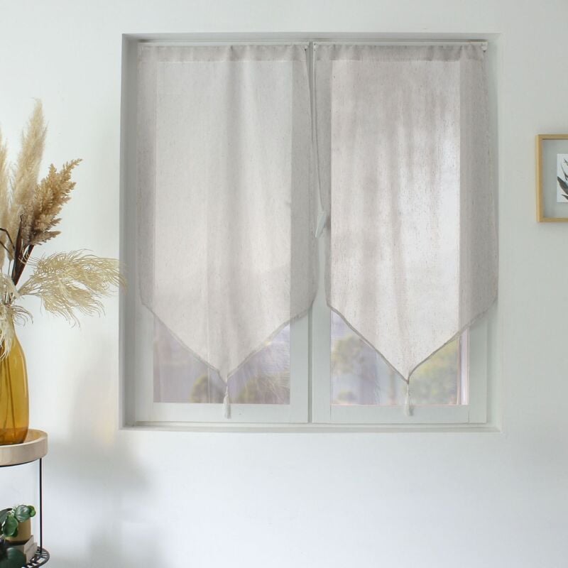 Paire de petits rideaux aspect lin finition pointe Blanc 60x120 cm