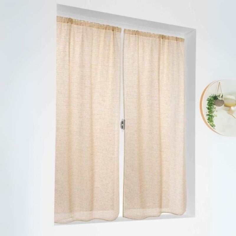 Paire de petits voilages poly-lin-coton à fines rayures Jaune 55x120 cm