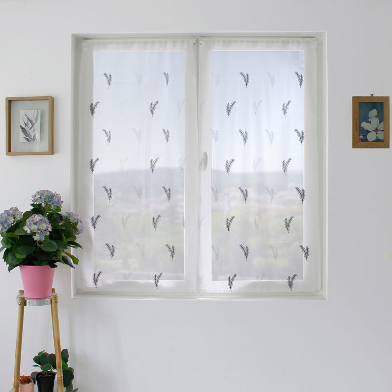 Paire de petits voilages aux broderies bicolores Gris clair 60x120 cm