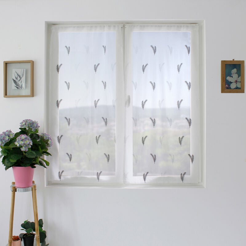 Paire de petits voilages aux broderies bicolores Gris clair 60x90 cm