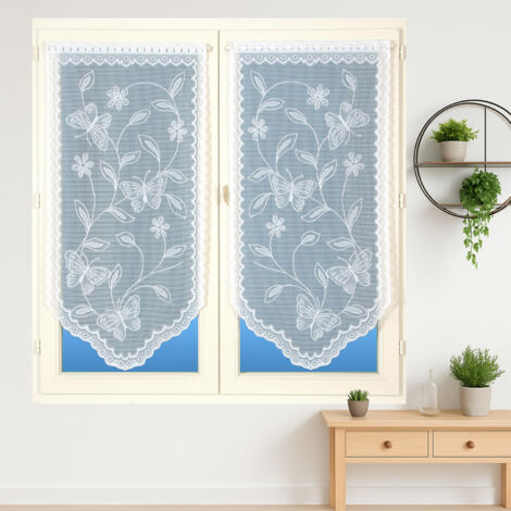 Paire de vitrages base découpée dentelle papillons Blanc 60x120 cm