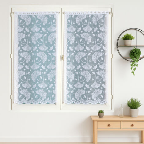 Paire de vitrages base découpée en dentelle ginkgo Blanc 60x120 cm