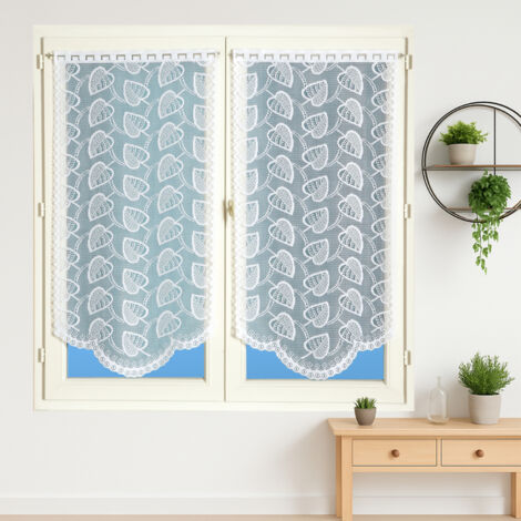 Paire de vitrages dentelle base arrondie feuilles Blanc 60x120 cm