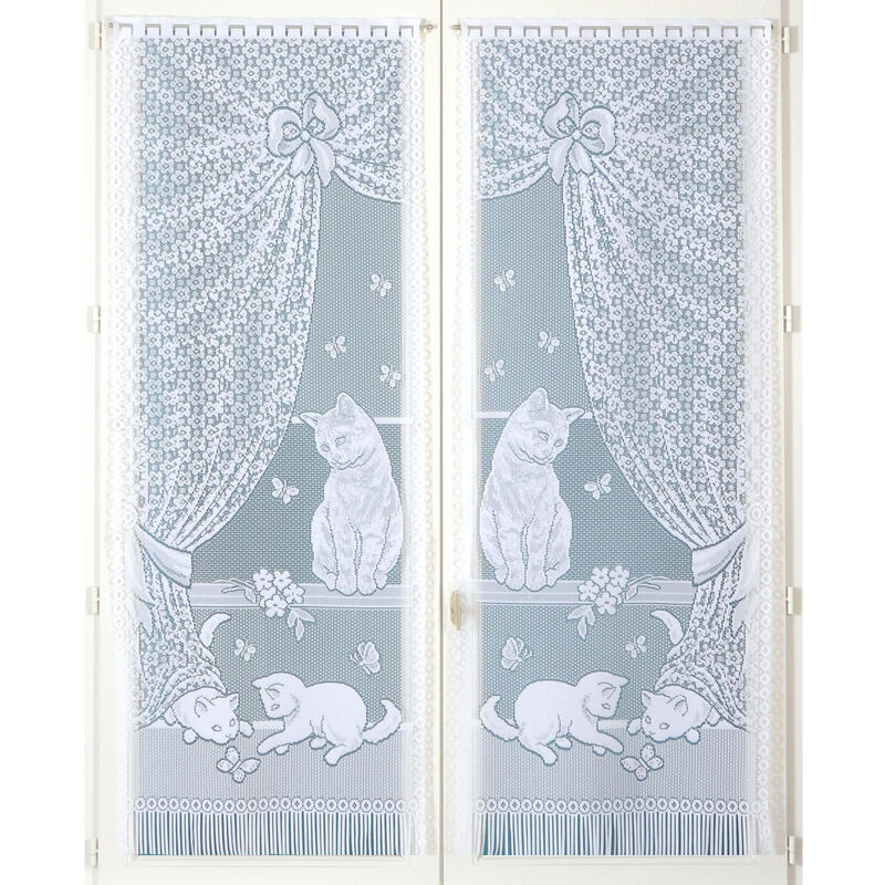 Paire de petits voilages dentelle chatons et franges Blanc 60x160 cm