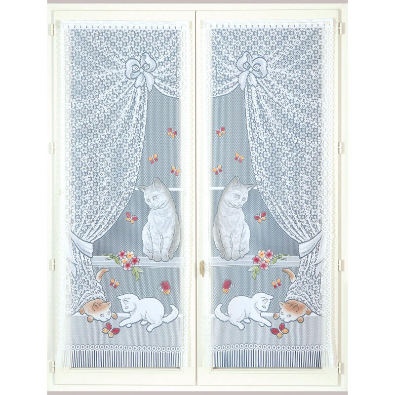 Paire de petits voilages dentelle chatons et franges Bleu 60x160 cm
