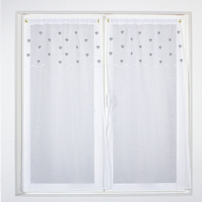 Paire de petits voilages droits sablés avec top à coeurs Gris clair 60x120 cm