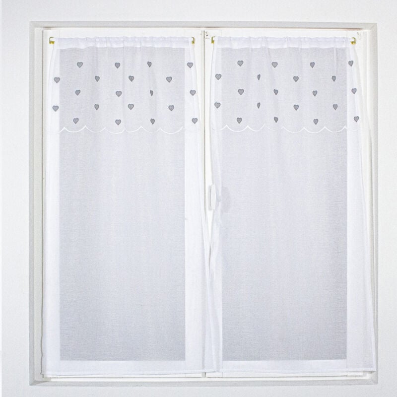 Paire de petits voilages droits sablés avec top à coeurs Gris clair 60x160 cm