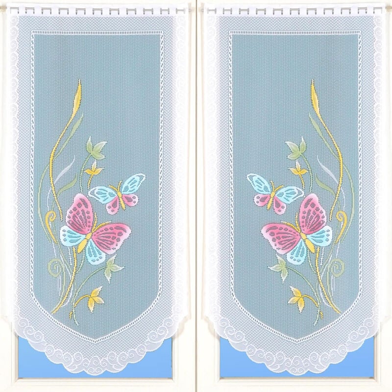 Paire de petits voilages en dentelle motifs papillons Turquoise 60x120 cm