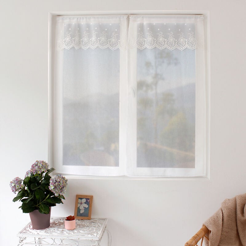 Paire de petits voilages avec top à volant brodé Blanc 60x120 cm