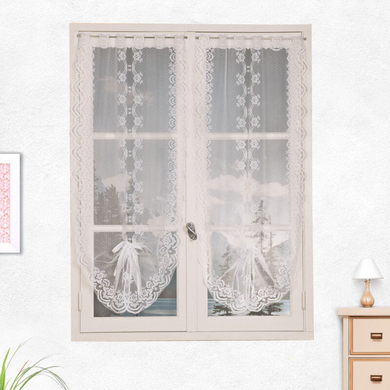 Paire de petits voilages festonnés et relevables Blanc 60x130cm