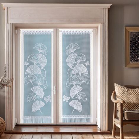 Paire de vitrages frangés dentelle motif ginkgo Blanc 60x120 cm