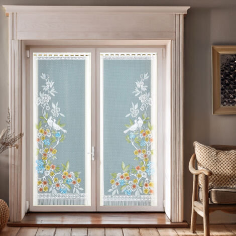 Paire de vitrages frangés en dentelle oiseaux et fleurs Vert 60x120 cm