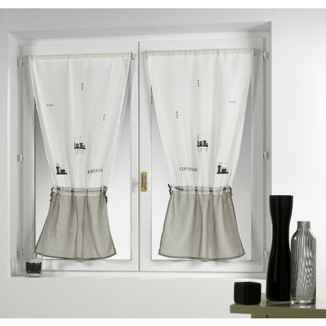 Paire de voilage en étamine gris clair 80x160 cm – Broderie 'Expresso' – Ourlets passe tringle – Luminosité modulable