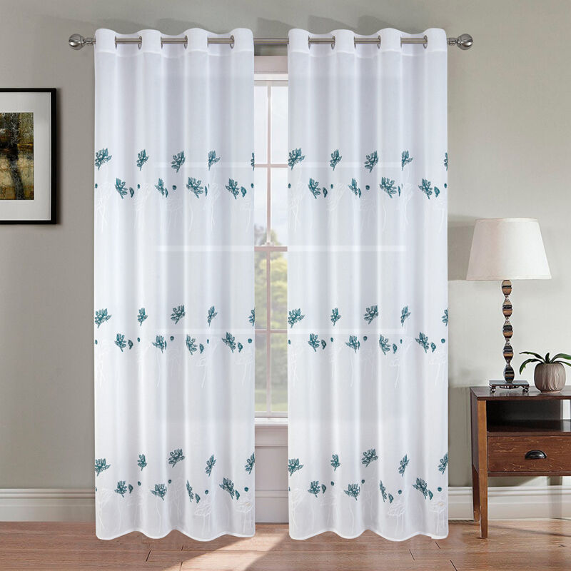 Paire de voilage fleurie et plombée Vert 140x260 cm