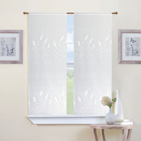 Paire de voilages brodés 60x120 cm – 100 % polyester – Finition passe-tringle – Pour fenêtres cuisine et salle de bains