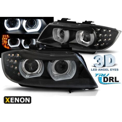 Paire feux phares BMW E90/E91 09-11 Xenon Angel Eyes Led DRL Noir-33021960