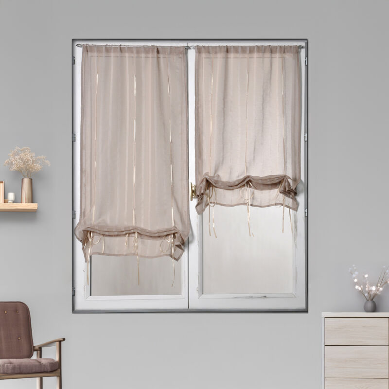 Paire voilages à remonter étamine légères rayures ton sur ton Gris clair 60x130cm