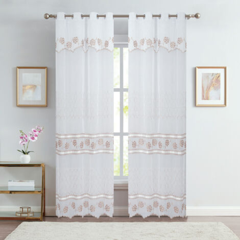 Paire voilages brodé fleurs pour baie vitrée Taupe 140x240 cm