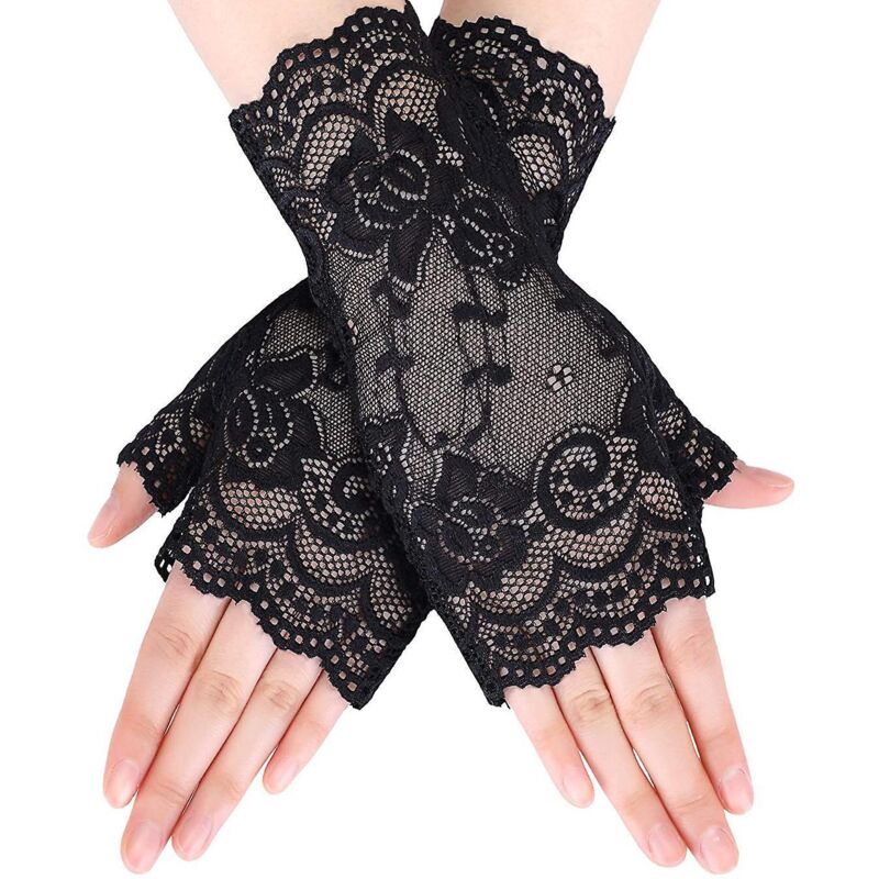 Pairs of women's lace gloves, floral fingerless gloves, prom gloves for wedding party costume accessories