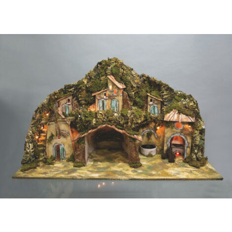 Paisaje para Belén Cm.42X96X58H Con Fuente, Molino, Fuego, 10 Luces Decoración navideña