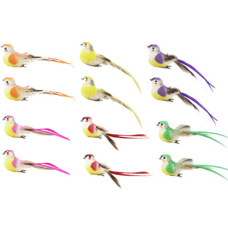 Pájaros decorativos artificiales: 12 modelos de espuma multicolor con clips para árboles de Navidad, ventanas y decoración de paredes.