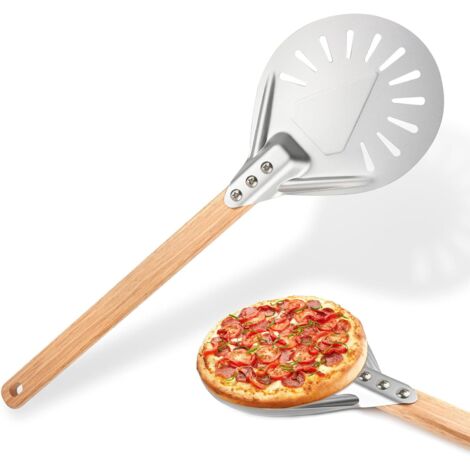 Pala para pizza, pala redonda de aluminio perforado de 7 pulgadas con mango de madera largo y extraíble para hornear pizzas y pan.