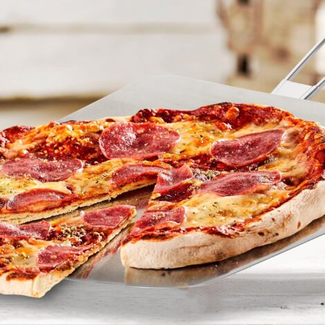 Pala per pizza con manico in legno, Flammkuchen, Pane, Pieghevole, L x P: 24 x 25,5 cm, Acciaio inossidabile, Marrone/Argento
