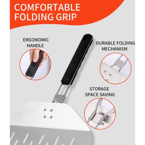 Pala per pizza forata in acciaio inox, pala per pizza forata professionale 30 x 29 cm, ampia superficie di appoggio, con manico pieghevole per forno e barbecue per cuocere pizze, pane, più stabile