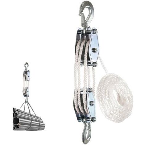 Palan à corde 15m – Charge max 500kg – Corde en polyéthylène haute résistance – Crochets rotatifs en alliage de zinc