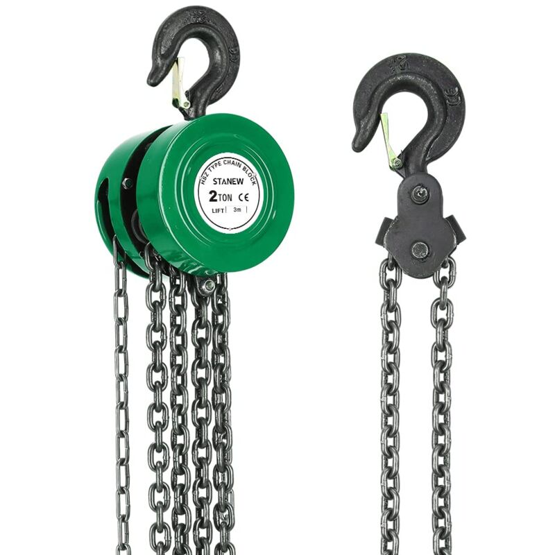 Palan à chaîne manuel avec crochet robuste Stanew hauteur de levage 3M, vert,Double-Chaîne de Charge,Chaîne G80,Crochet de levage avec sécurité (2