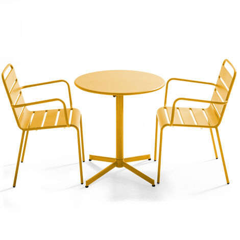 Table de jardin bistrot ronde ⌀70 x 72 cm rabattable et 2 chaises avec accoudoirs en métal