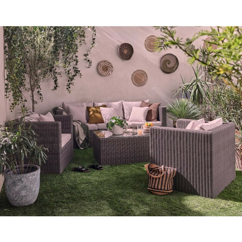 Palavas - salon bas de jardin 5 places + table - en résine tressée - gris avec coussins beiges - gris / beige - Gris / Beige