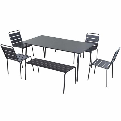 Table de jardin rectangulaire 180 x 90 cm avec 4 chaises et 2 bancs en métal