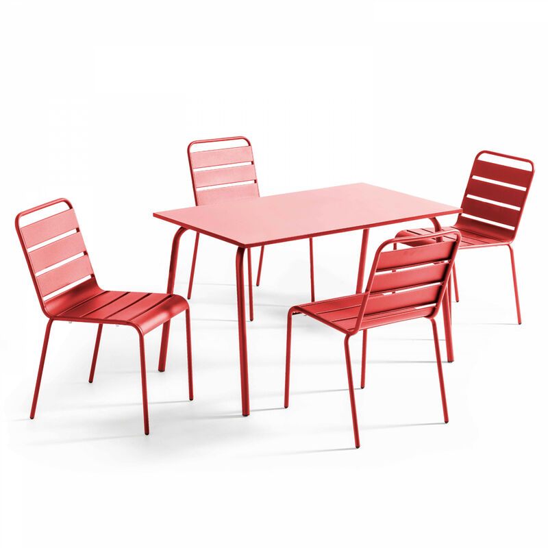 Ensemble table de jardin en métal et 4 chaises rouge - Palavas - Rouge